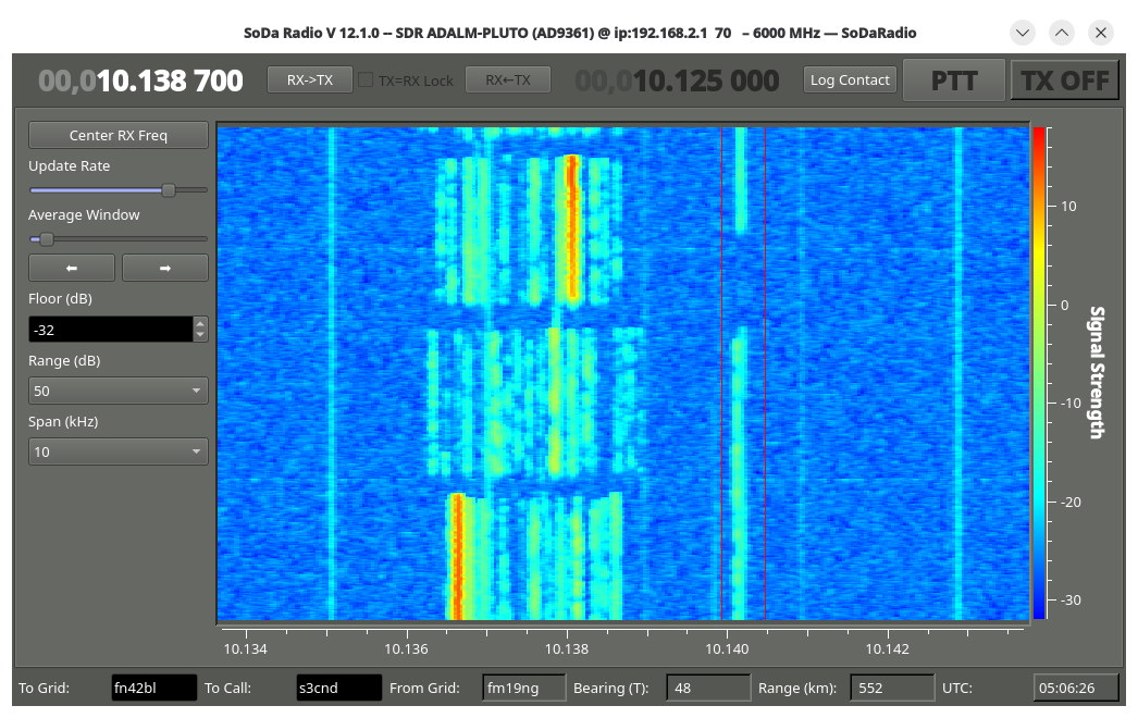SoDaRadio tuned to 30m band - Waterfall